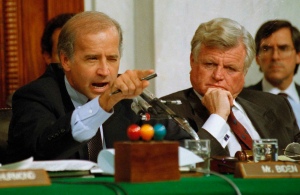  Joe Biden points angrily during Senate Confirmation hearings. Sen. Edward Kennedy, D-Mass. looks on at right. (AP Photo/Greg Gibson, File)